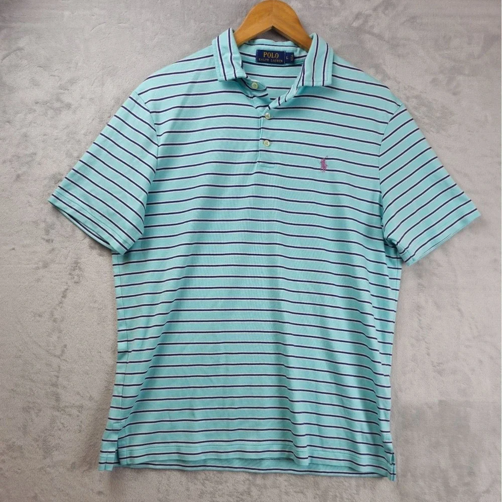 Polo Ralph Lauren Men Large Polo Shirt Green Blue Striped Soft Cotton Logo Pony